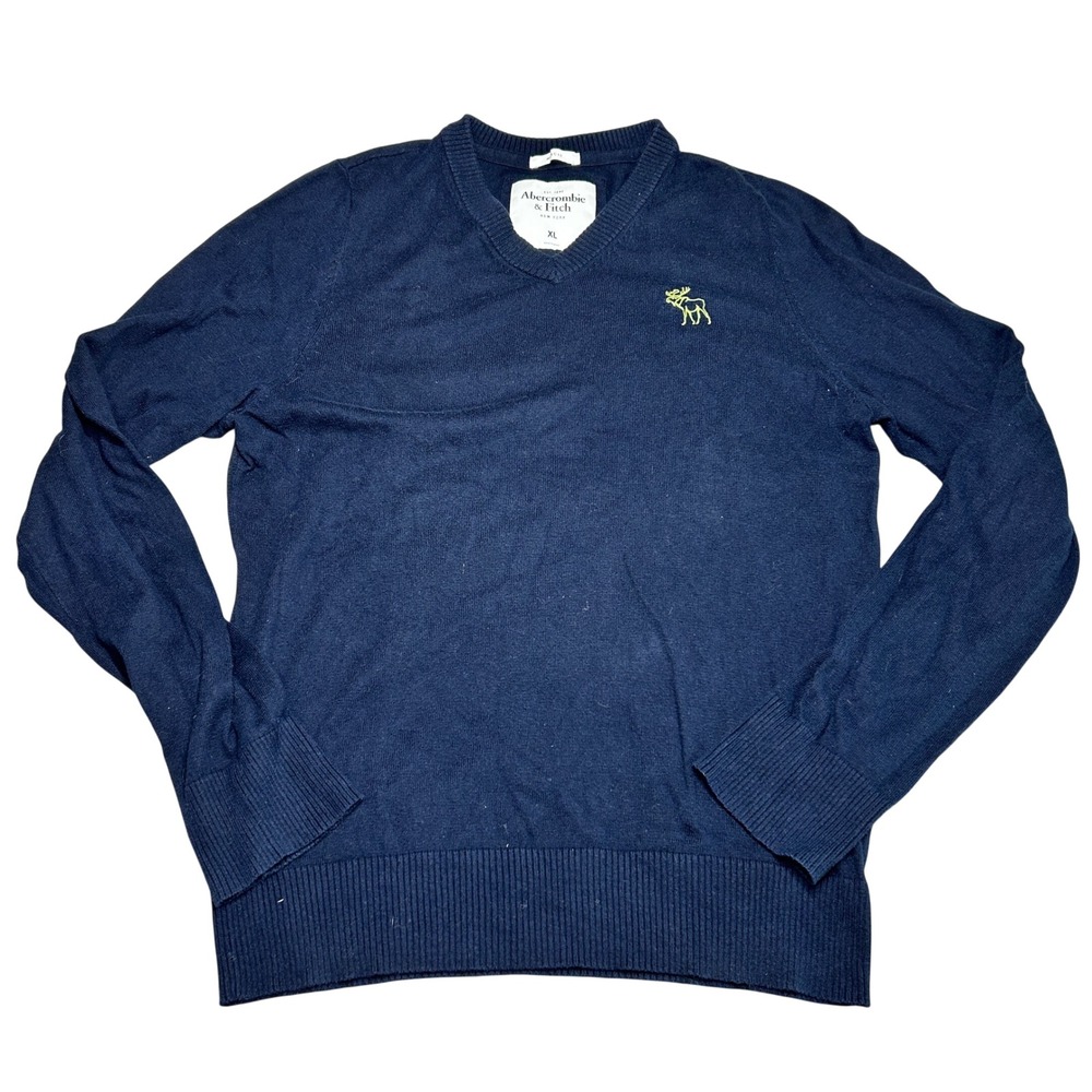 Abercrombie & Fitch Mens Navy Blue V-Neck Muscle Fit Cashmere Blend Sweater XL